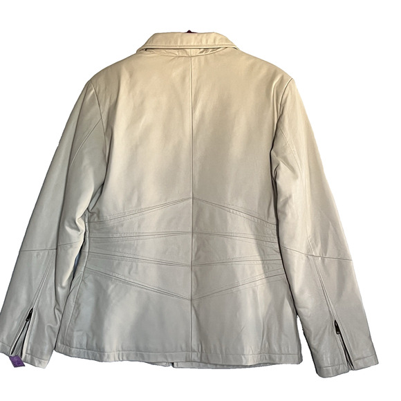 Women Leather Jacket Cream Genuine Leather Moto Zip In/Out Lining Pockets SZ L - Picture 4 of 14